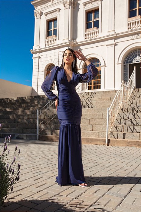 VESTIDO LONGO MICROTULE MANGA LONGA DRAPEADO SAIA ESTILO SEREIA AZUL MARINHO