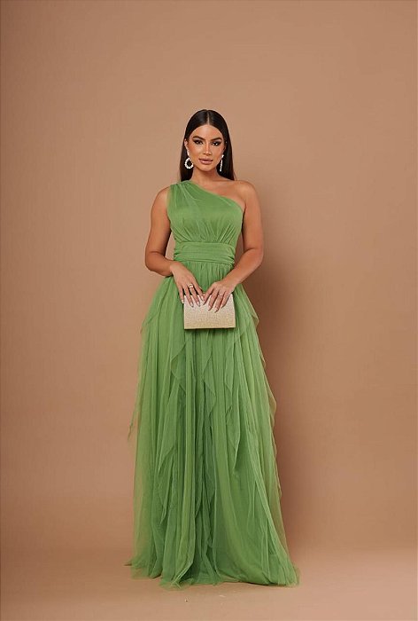 VESTIDO LONGO MICROTULE UM OMBRO SÓ PALA CINTURA SAIA EM CAMADAS VERTICAIS VERDE OLIVA