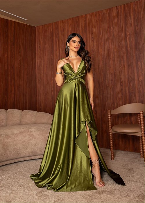 VESTIDO LONGO PRADA COM ELASTANO FRENTE UNICA FENDA LATERAL VERDE MUSGO