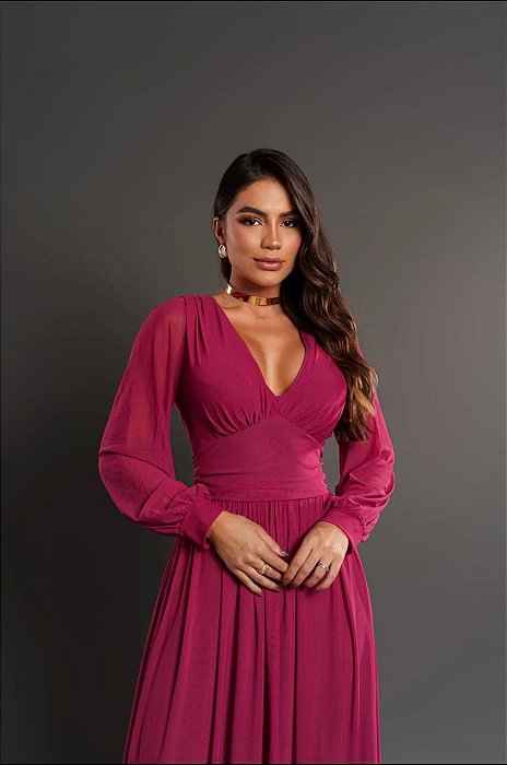 VESTIDO LONGO MICROTULE MANGA LONGA PALA BUSTO DECOTE V FUCSIA