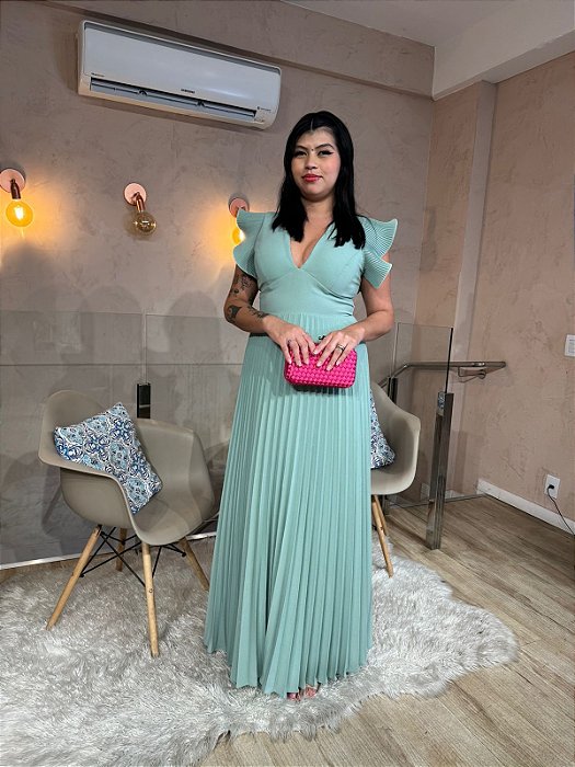 VESTIDO LONGO CREPE SAIA E MANGUINHA PLISSADA DECOTE EM V VERDE OLIVA