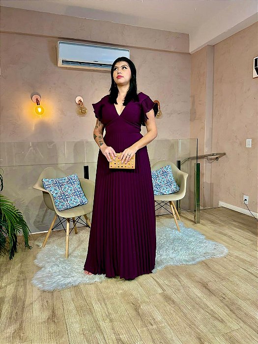 VESTIDO LONGO CREPE SAIA E MANGUINHA PLISSADA DECOTE EM V MARSALA