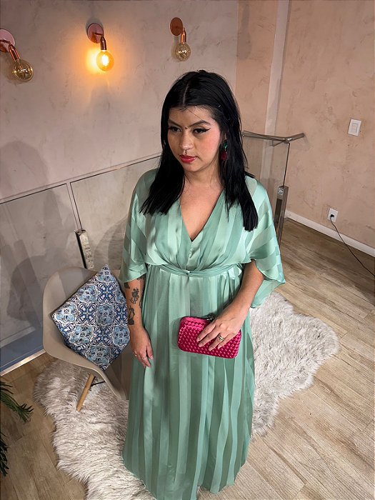 VESTIDO LONGO CHIFFON MANGA MORCEGO FAIXA AMARRAÇÃO VERDE OLIVA