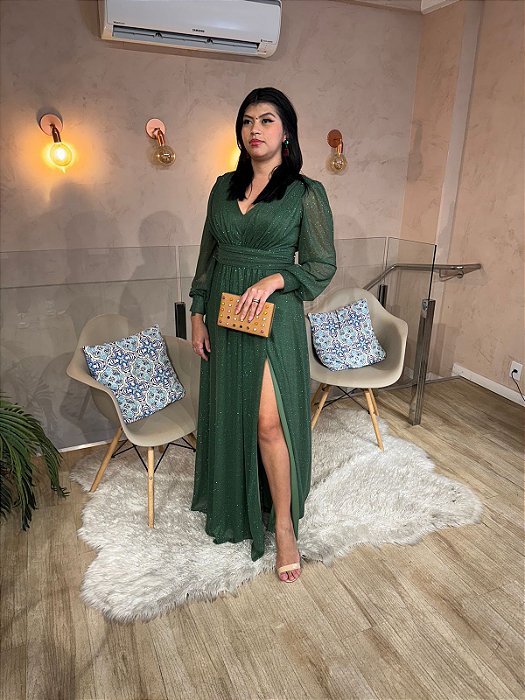 VESTIDO LONGO MICROTULE COM GLITTER MANGA LONGA BUSTO DRAPEADO PALA CINTURA VERDE ESMERALDA
