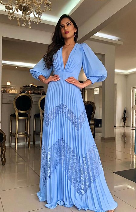VESTIDO LONGO CHIFFON MANGA LONGA SAIA PLISSADA COM DETALHE EM RENDA AZUL SERENITY PR