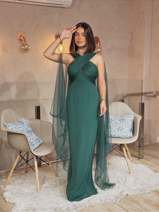 VESTIDO LONGO CHIFFON COM MICROTULE CAPA DECOTE TRANSPASSADO FENDA TRASEIRA VERDE ESMERALDA