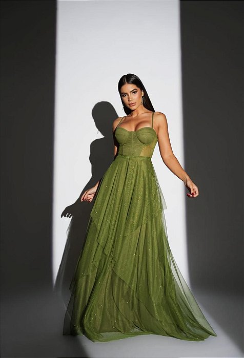 VESTIDO LONGO MICROTULE C/GLITTER ESTILO CORPET DETALHE TRANCINHA CINTURA VERDE MUSGO