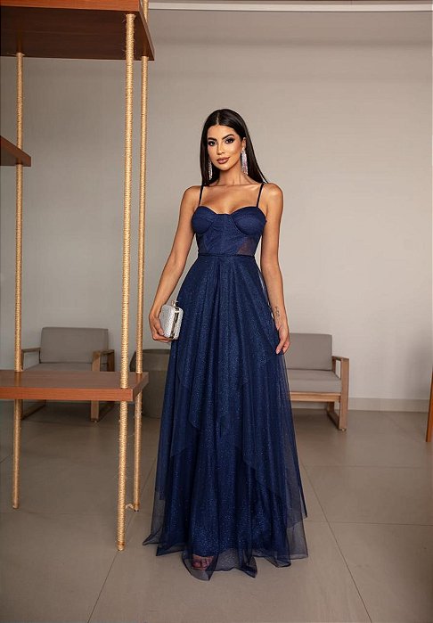 VESTIDO LONGO MICROTULE C/GLITTER ESTILO CORPET DETALHE TRANCINHA CINTURA AZUL MARINHO