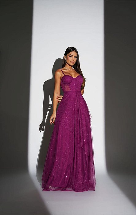 VESTIDO LONGO MICROTULE C/GLITTER ESTILO CORPET DETALHE TRANCINHA CINTURA FUCSIA
