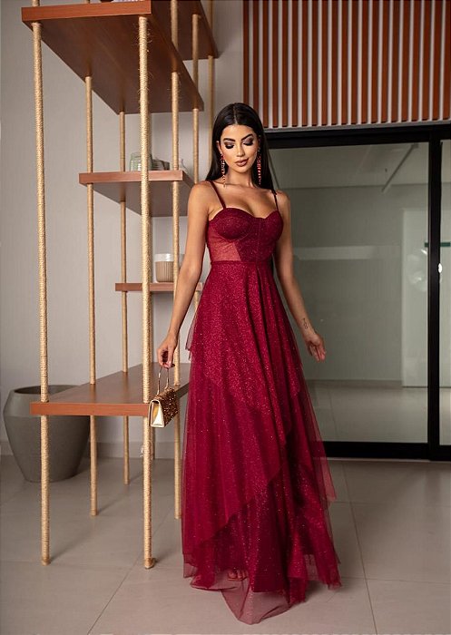 VESTIDO LONGO MICROTULE C/GLITTER ESTILO CORPET DETALHE TRANCINHA CINTURA MARSALA