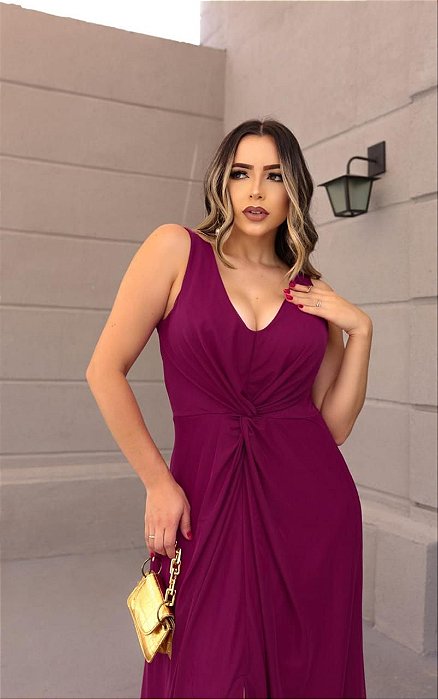 VESTIDO LONGO MICROTULE ALÇA LARGA DETALHE DRAPEADO BUSTO FUCSIA CA