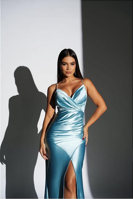 VESTIDO LONGO CETIM COM ELASTANO BUSTO DRAPEADO ALÇA COM BRILHO FENDA LATERAL AZUL
