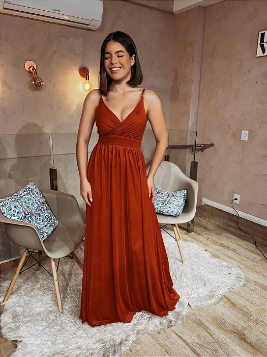 VESTIDO LONGO MICROTULE DE ALCINHA  TERRA COTA