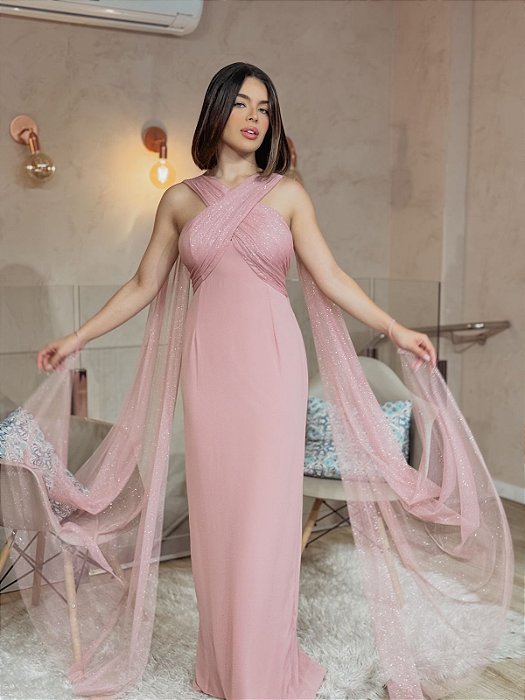 VESTIDO LONGO CHIFFON COM MICROTULE CAPA DECOTE TRANSPASSADO FENDA TRASEIRA ROSE