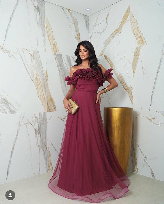 VESTIDO LONGO MICROTULE OMBRO A OMBRO C/DETALHE DE BABADO NO BUSTO ROSA QUEIMADO