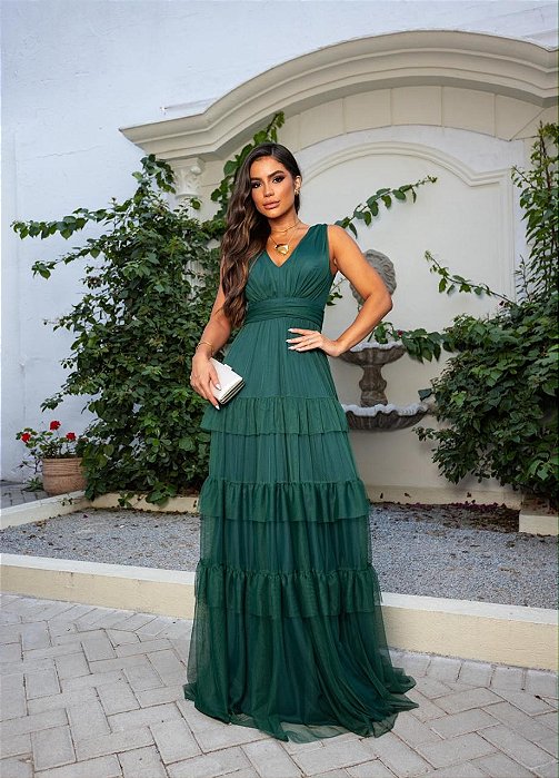 VESTIDO LONGO MICROTULE ALÇA LARGA DECOTE V PALA CINTURA SAIA EM CAMADAS VERDE ESMERALDA