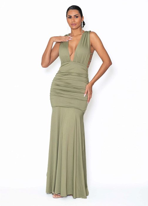 VESTIDO LONGO JERSEY COM ELASTANO RECORTE NAS LATERAIS VERDE OLIVA