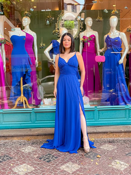 VESTIDO LONGO CHIFFON PALA CINTURA FENDA LATERAL AZUL ROYAL