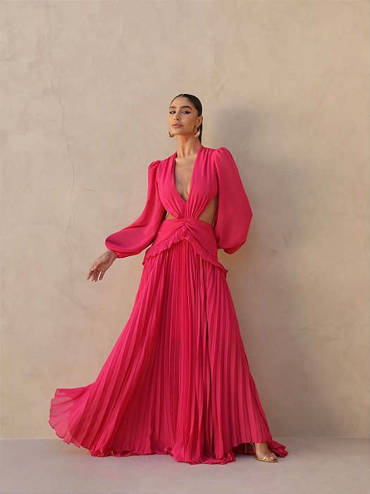 VESTIDO LONGO CHIFFON M/L BUSTO V ABERTURA LATERAIS COSTAS VAZADA PLISSADA C/ BABADO PINK