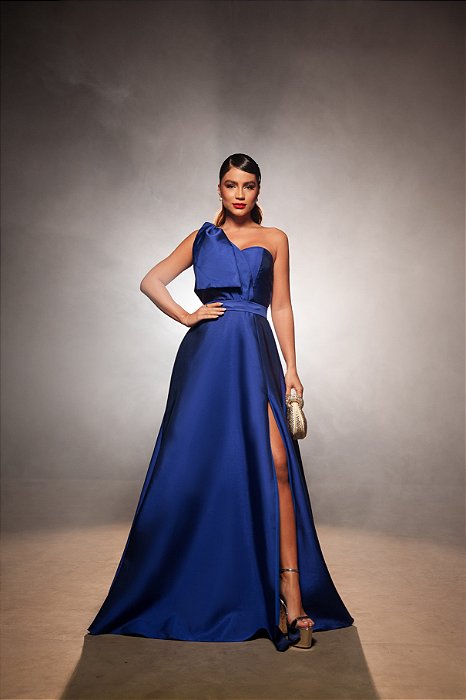 VESTIDO LONGO ZIBELINE UM OMBRO SÓ C/LAÇO REMOVÍVEL CINTO FENDA LATERAL AZUL ROYAL