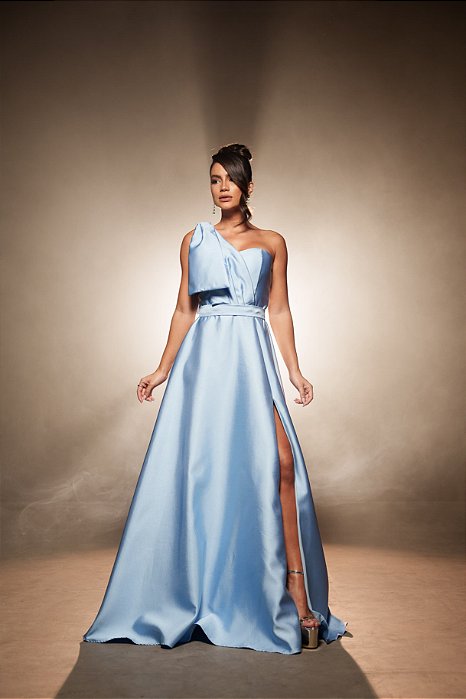 VESTIDO LONGO ZIBELINE UM OMBRO SÓ C/LAÇO REMOVÍVEL CINTO FENDA LATERAL AZUL SERENITY