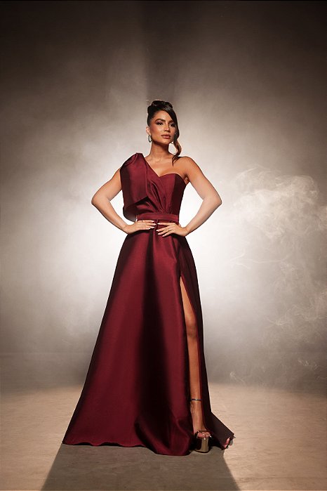 VESTIDO LONGO ZIBELINE UM OMBRO SÓ C/LAÇO REMOVÍVEL CINTO FENDA LATERAL  MARSALA