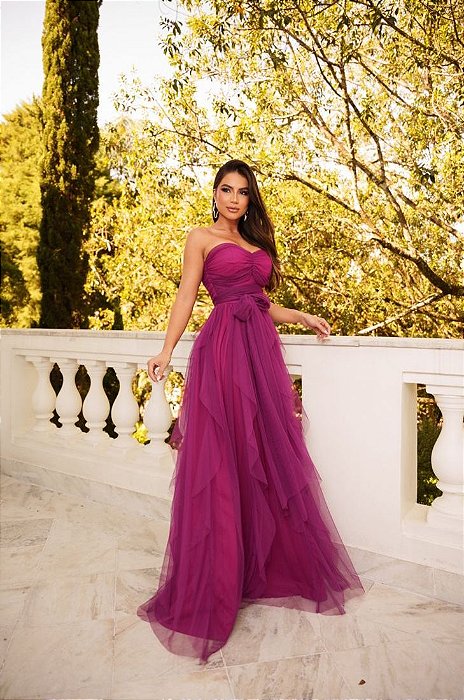 VESTIDO LONGO MICROTULE TOMARA QUE CAIA SAIA COM BABADOS FUCSIA