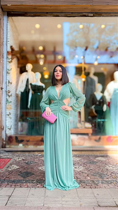 VESTIDO LONGO MICROTULE M/L DECOTE V C/TULE DRAPEADO CINTURA COSTAS VAZADA VERDE OLIVA