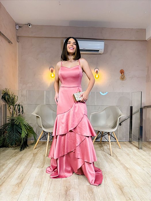 VESTIDO LONGO ZIBELINE ALÇA FINA SAIA EM CAMADAS ESTILO SEREIA ROSA QUEIMADO
