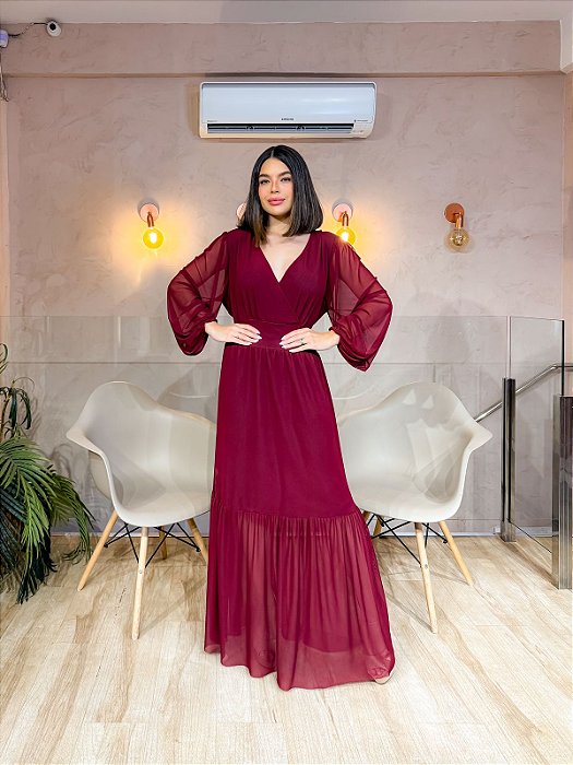 VESTIDO LONGO MICROTULE DECOTE TRANSPASSADO M/L PALA CINTURA  MARSALA