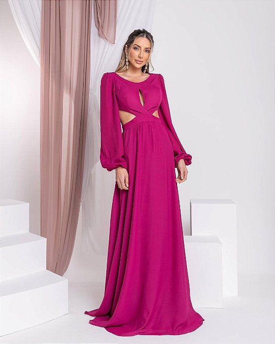 VESTIDO LONGO CHIFFON DECOTE GOTA MANGA LONGA VAZADO CINTURA FUCSIA