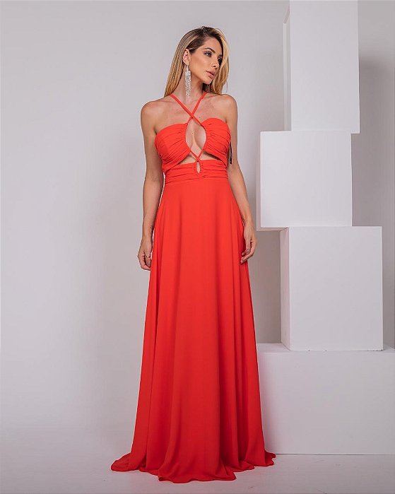 VESTIDO LONGO CHIFFON VAZADO NAS LATERIAS COM AMARRAÇÃO CORAL