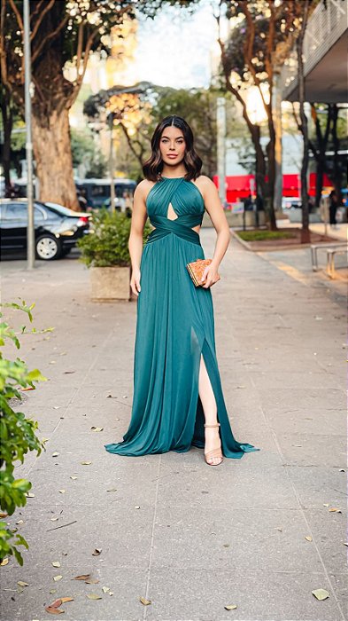 VESTIDO LONGO MICROTULE FRENTE UNICA DECOTE CINTURA TRANSPASSADO FENDA LATERAL VERDE PETRÓLEO