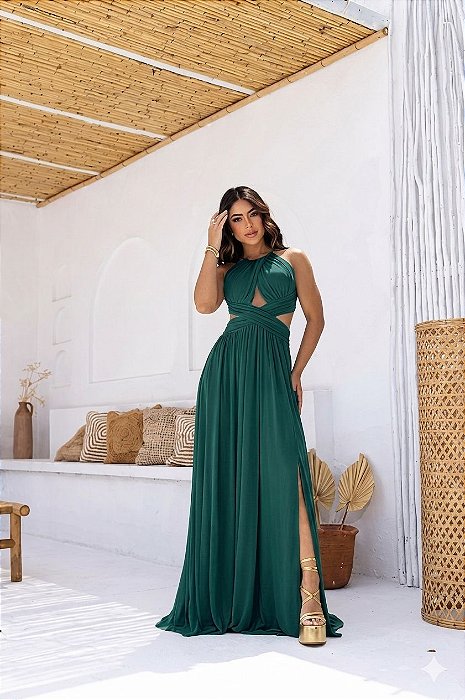 VESTIDO LONGO MICROTULE FRENTE UNICA DECOTE CINTURA TRANSPASSADO FENDA LATERAL VERDE PETROLEO