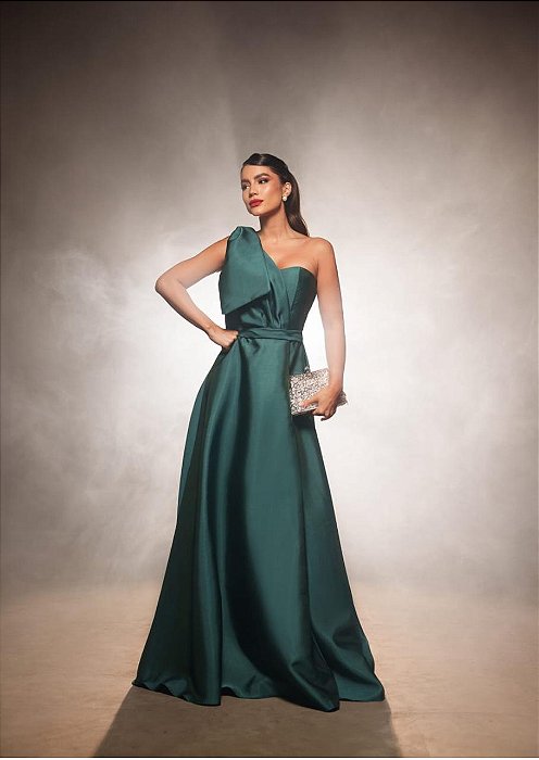 VESTIDO LONGO ZIBELINE UM OMBRO SÓ C/LAÇO REMOVÍVEL CINTO FENDA LATERAL VERDE ESMERALDA