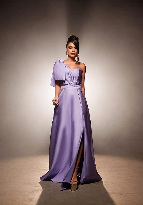 VESTIDO LONGO ZIBELINE UM OMBRO SÓ C/LAÇO REMOVÍVEL CINTO FENDA LATERAL LILÁS