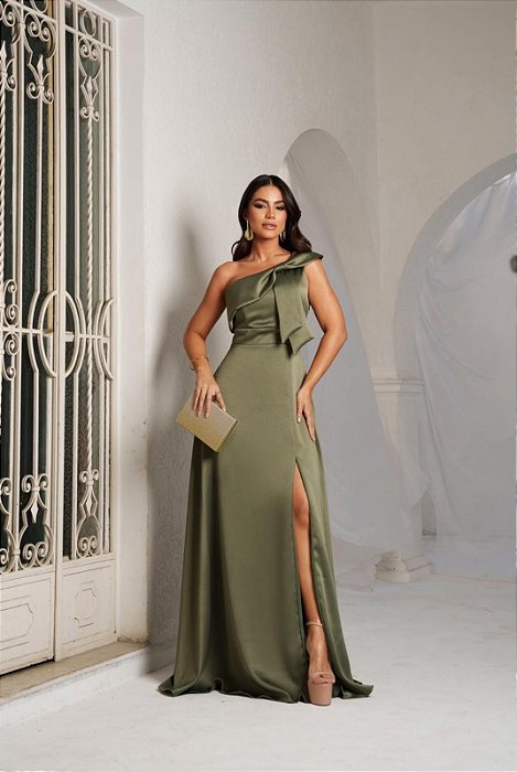 VESTIDO LONGO ZIBELINE UM OMBRO SÓ LAÇO PALA CINTURA FENDA LATERAL VERDE OLIVA