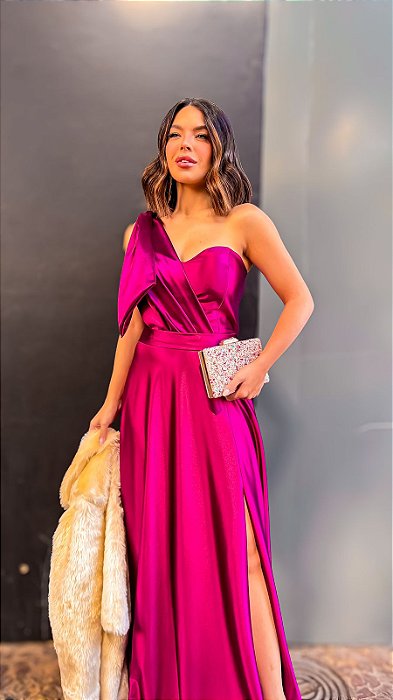 VESTIDO LONGO PRADA COM ELASTANO UM OMBRO SÓ C/LAÇO REMOVÍVEL CINTO FENDA LATERAL FUCSIA