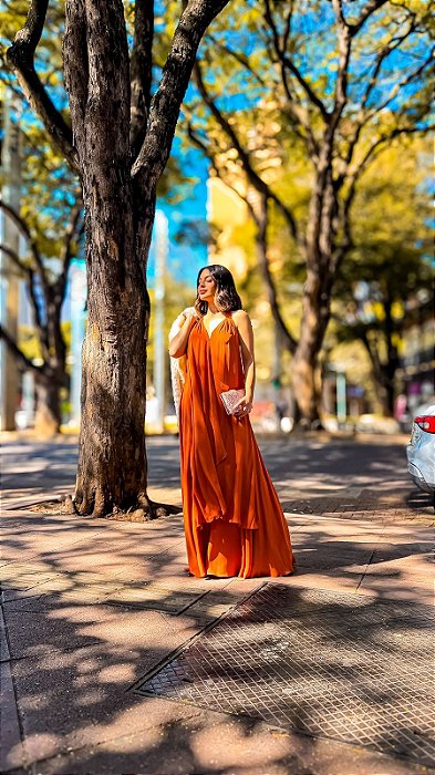 VESTIDO LONGO CREPE DE SEDA MULLET MIL FORMAS TERRA COTA
