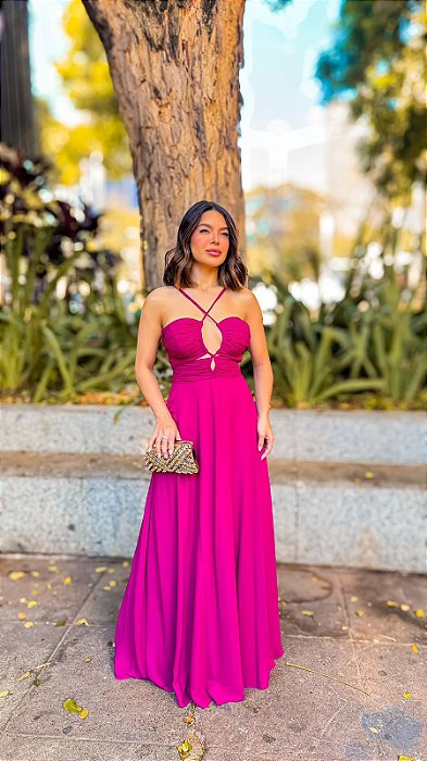 VESTIDO LONGO CHIFFON VAZADO NAS LATERIAS COM AMARRAÇÃO FUCSIA