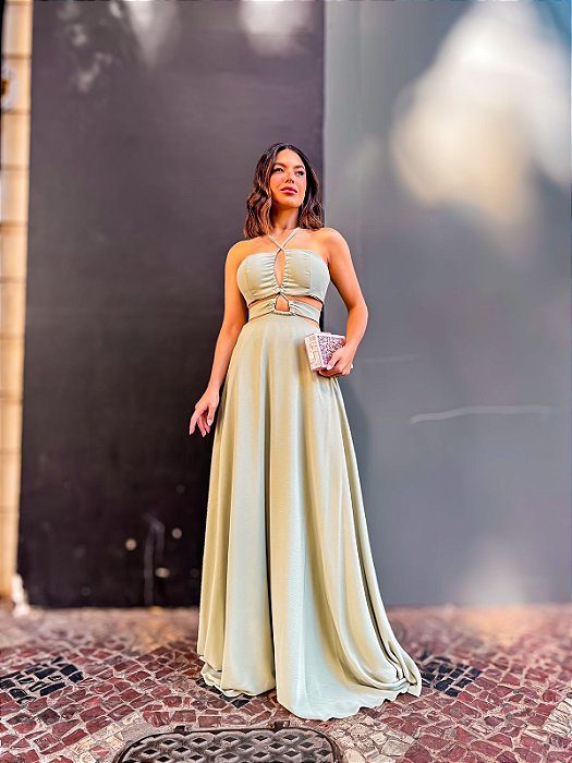 VESTIDO LONGO CHIFFON VAZADO NAS LATERIAS COM AMARRAÇÃO VERDE MENTA
