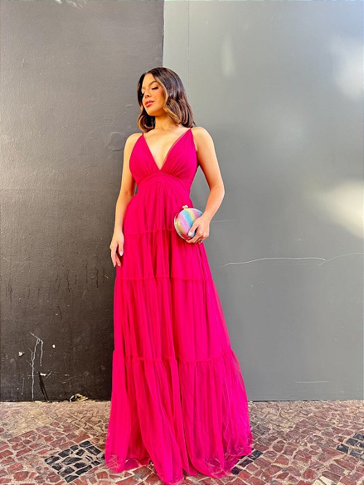 VESTIDO LONGO MICROTULE  PALA CINTURA ALÇA FINA DECOTE V SAIA EM CAMADAS PINK