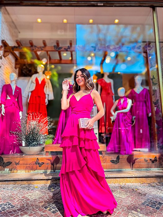 VESTIDO LONGO CHIFFON ALÇA FINA COM REGULAGEM SAIA EM CAMADAS PINK