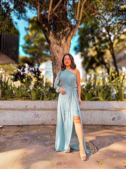 VESTIDO LONGO CHIFFON UM OMBRO SÓ MANGA LONGA DETALHE BUSTO FENDA LATERAL VERDE