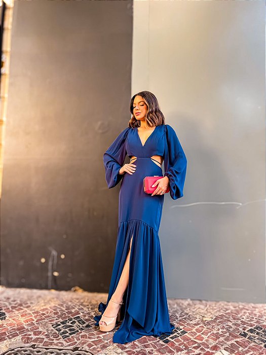 VESTIDO LONGO CHIFFON M/L DECOTE V C/VAZADO CINTURA E COSTAS FENDA LATERAL AZUL MARINHO