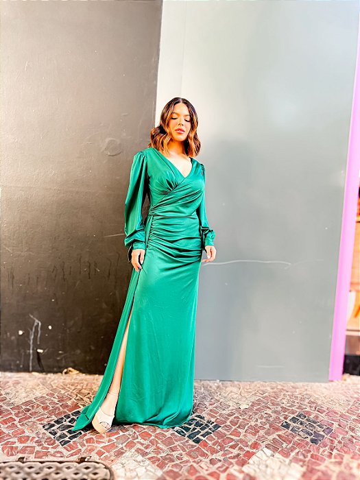 VESTIDO LONGO PRADA COM ELASTANO MANGA LONGA DECOTE TRANSPASSADO VERDE ESMERALDA