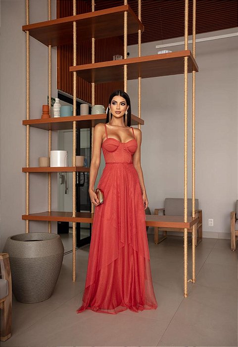 VESTIDO LONGO MICROTULE C/GLITTER ESTILO CORPET DETALHE TRANCINHA CINTURA TERRA COTA