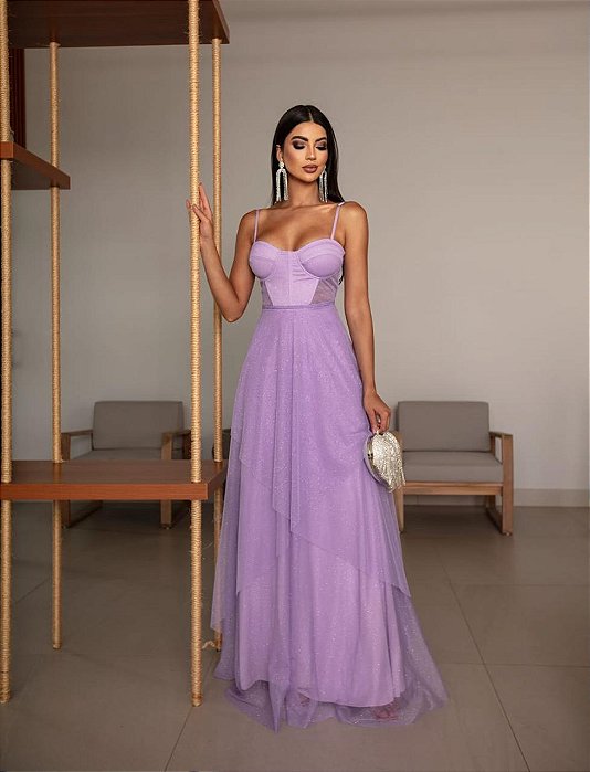 VESTIDO LONGO MICROTULE C/GLITTER ESTILO CORPET DETALHE TRANCINHA CINTURA LILÁS