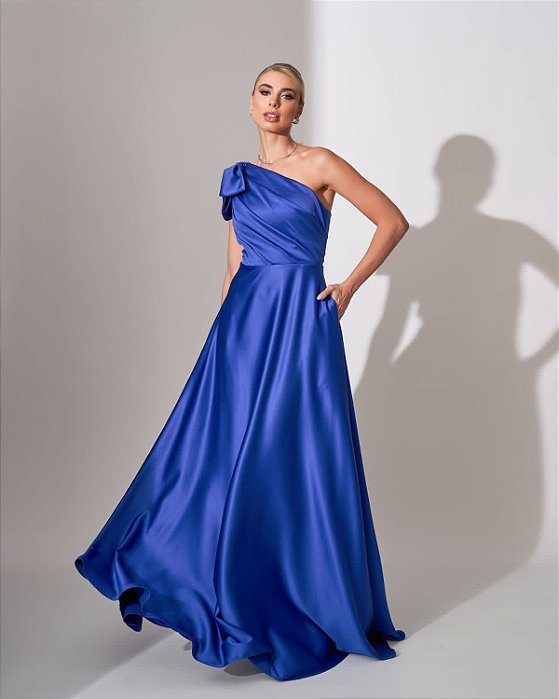 VESTIDO LONGO ZIBELINE UM OMBRO SÓ LAÇO BUSTO DRAPEADO AZUL ROYAL