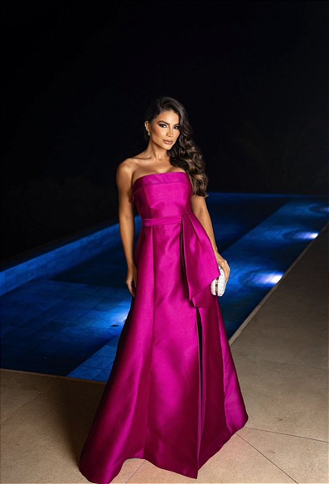 VESTIDO LONGO ZIBELINE ESTRUTURADO TOMARA QUE CAIA LAÇO PINK